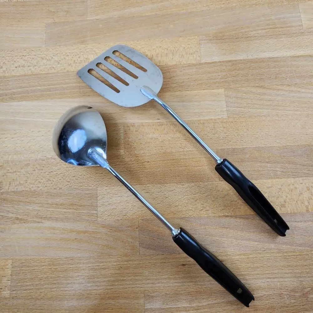 Vintage Kitchen Utensil Serving Spoon & Spatula Turner Black Plastic Handle